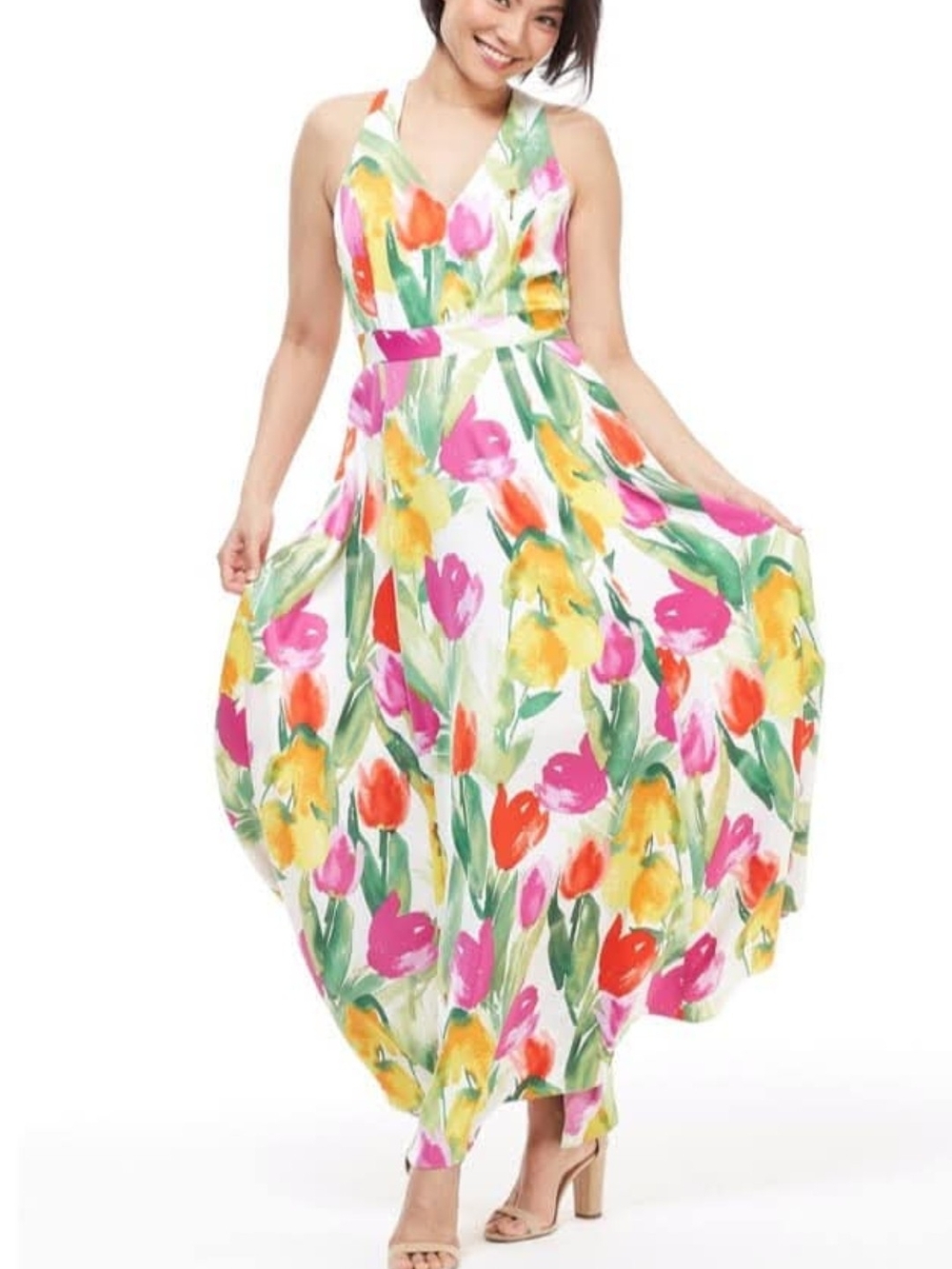 Maggy London White Halter Maxi Dress with Pink, Yellow & Green Floral Print